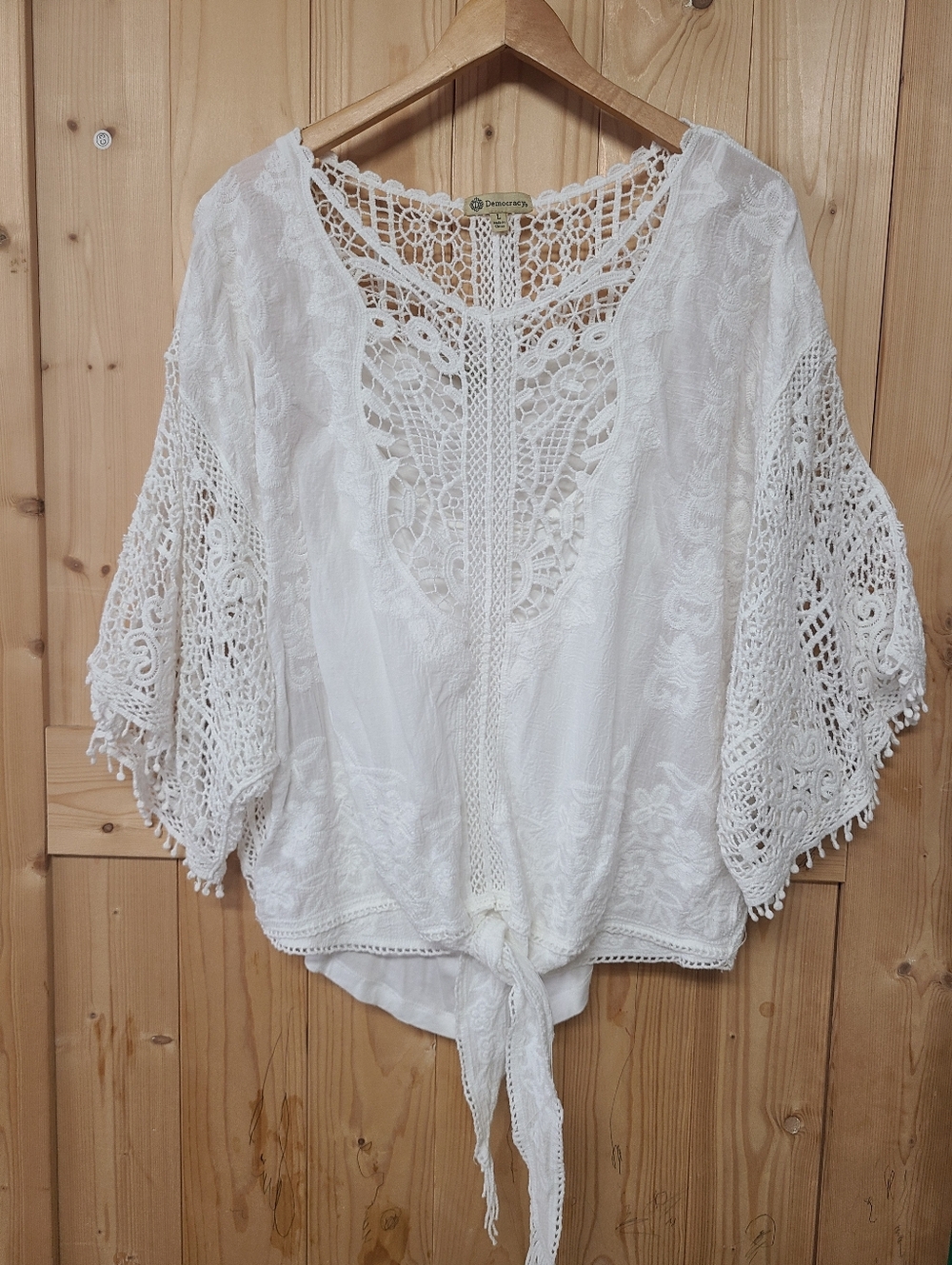Democracy Boho Lace Crochet Tie-Front Top Ivory White, Flowy Festival Blouse
